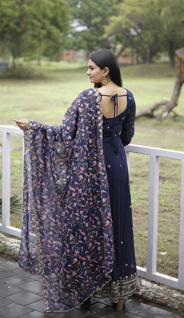 Faux Georgette Sequins Work Navy Blue Readymade Gown With Dupatta - 8506182830