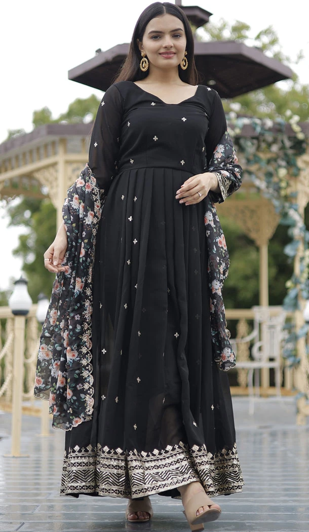 Faux Georgette Sequins Work Black Readymade Gown With Dupatta - 8506182831