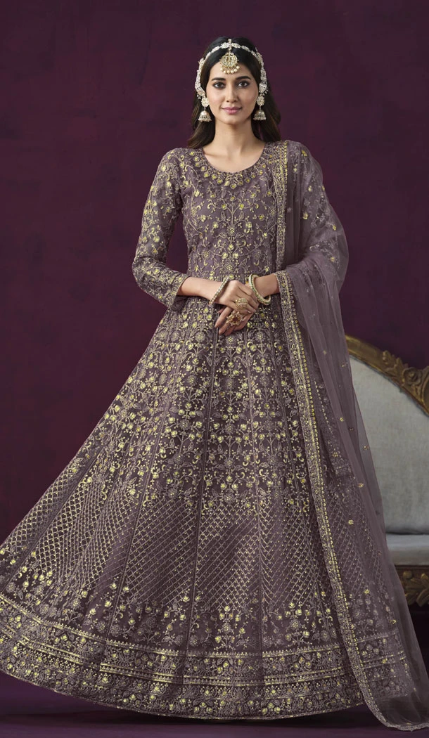 Dark Grey Color Net Embroidery Work Anarkali Style Salwar Suit - 8507182834