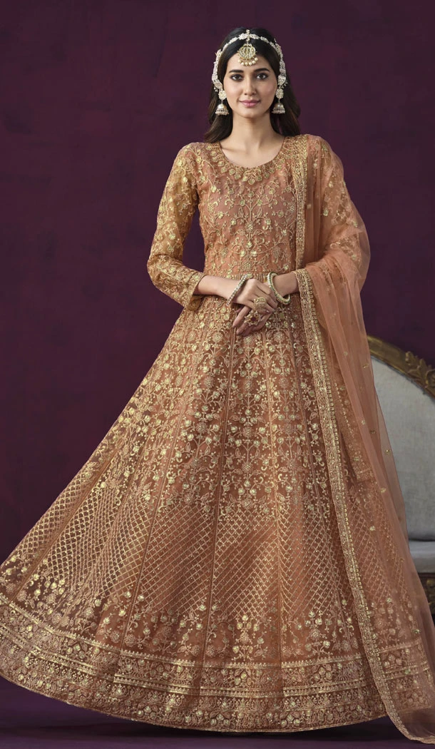 Golden Peach Color Net Embroidery Work Anarkali Style Salwar Suit - 8507182835
