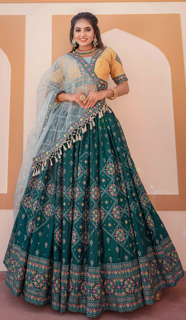 Chinon Embroidery Sequence Work Navratri Chaniya Choli In Rama Green - 8510182843