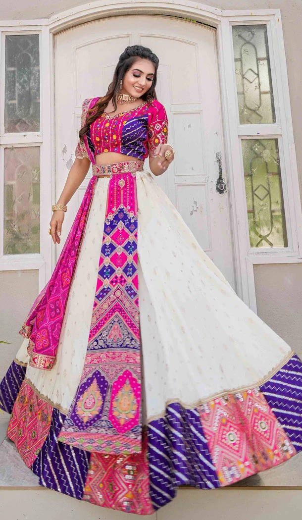 Heavy Jacquard Embroidery Sequence Work Navratri Chaniya Choli In Off White - 8510182844