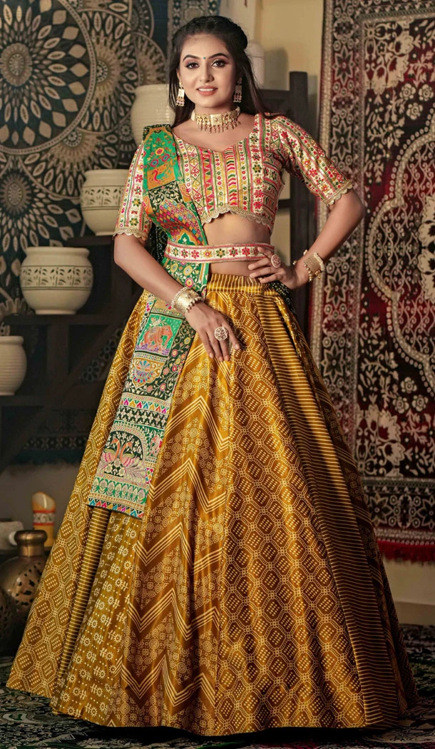 Malai Satin Embroidery Sequence Work Navratri Chaniya Choli In Mustard - 8510182845