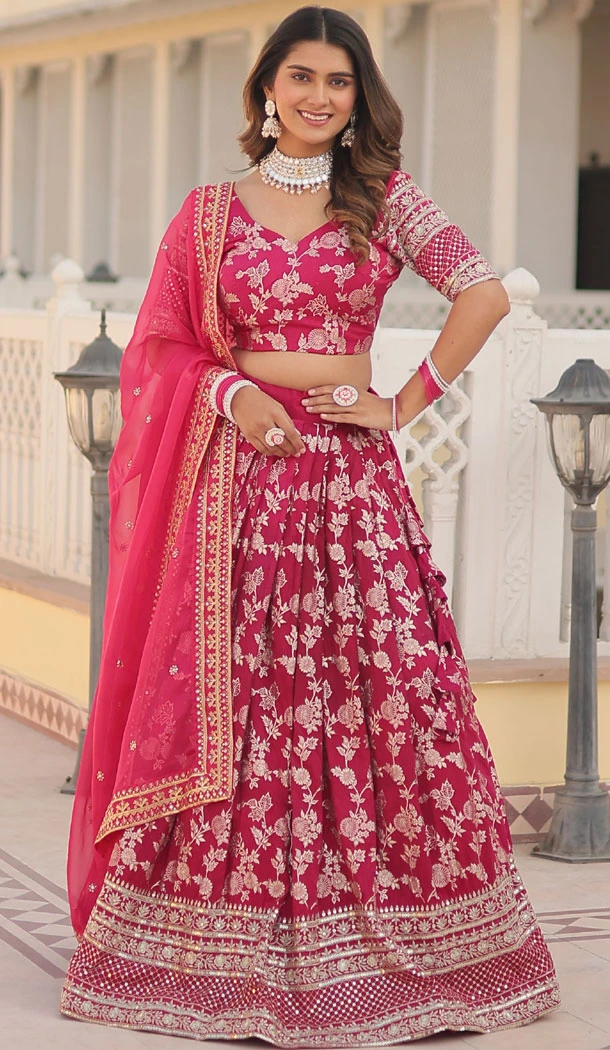 Pink Color Embroidery Sequence Work Jacquard Lehenga Choli - 8514182857