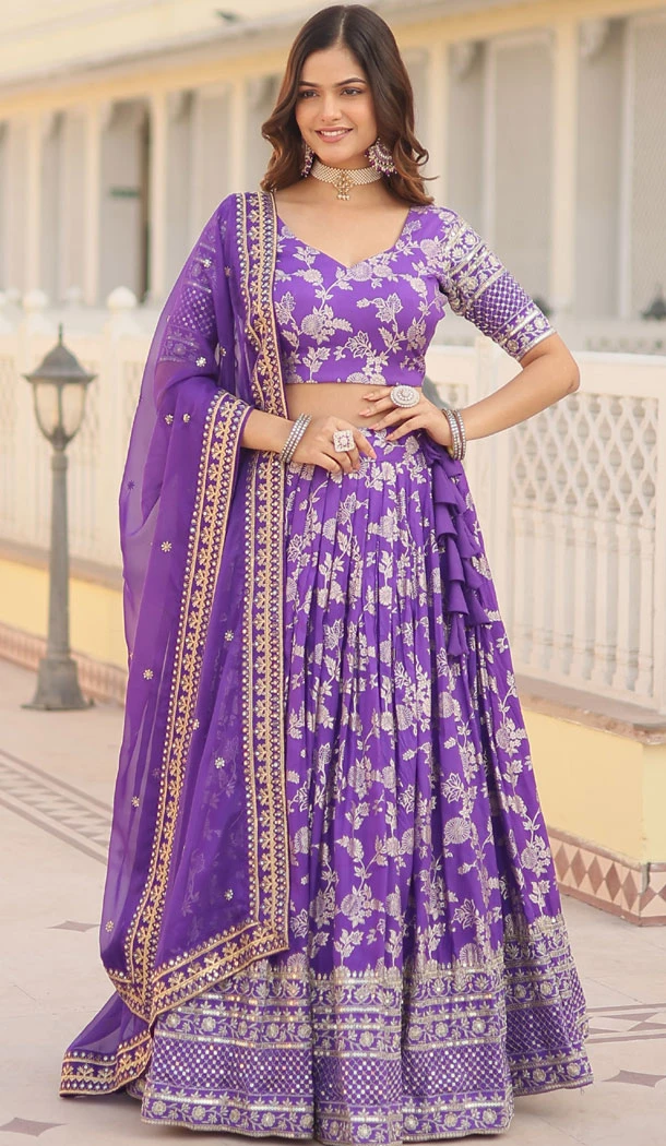 Purple Color Embroidery Sequence Work Jacquard Lehenga Choli - 8514182858