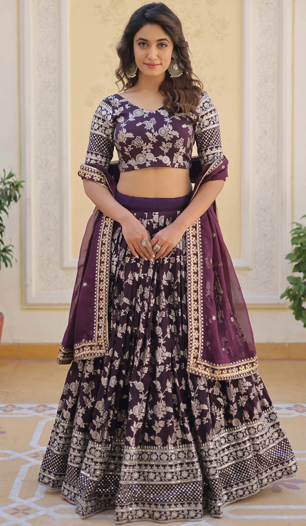 Wine Color Embroidery Sequence Work Jacquard Lehenga Choli - 8514182859