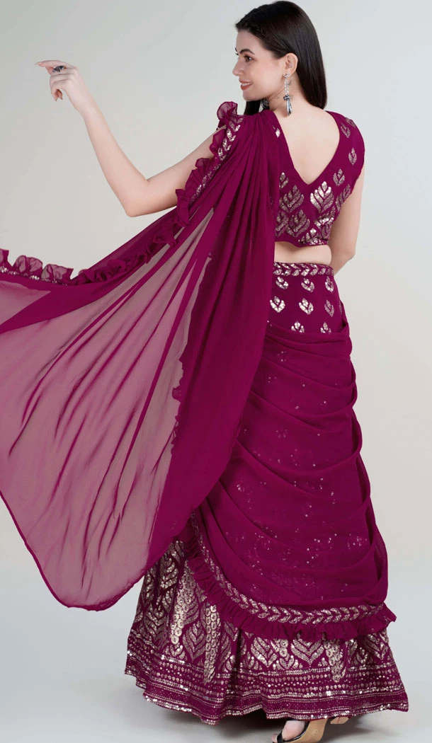 Georgette Embroidery Work Wine Color Readymade Lehenga Choli - 8519182875