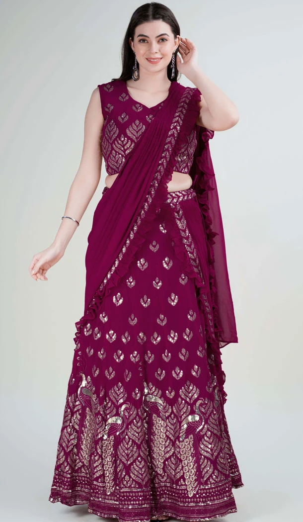 Georgette Embroidery Work Wine Color Readymade Lehenga Choli - 8519182875