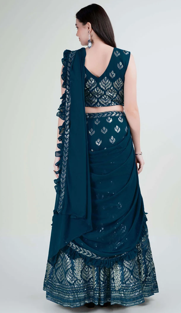 Georgette Embroidery Work Teal Blue Color Readymade Lehenga Choli - 8519182876