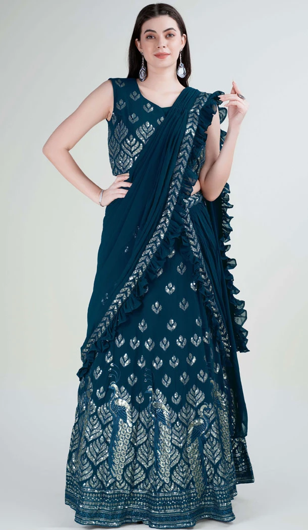 Georgette Embroidery Work Teal Blue Color Readymade Lehenga Choli - 8519182876