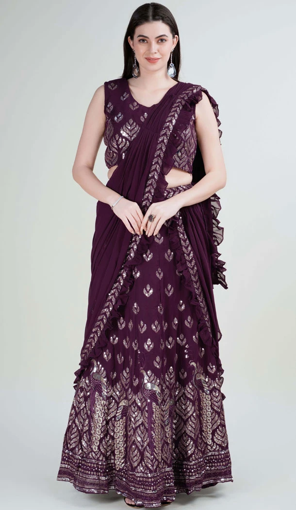Georgette Embroidery Work Purple Color Readymade Lehenga Choli - 8519182877