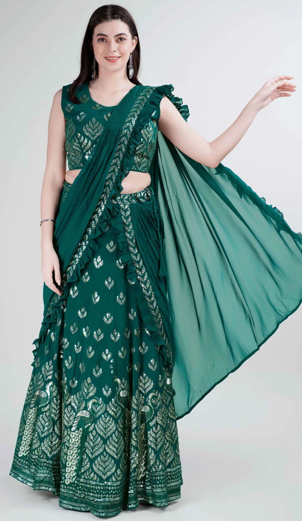 Georgette Embroidery Work Green Color Readymade Lehenga Choli - 8519182878