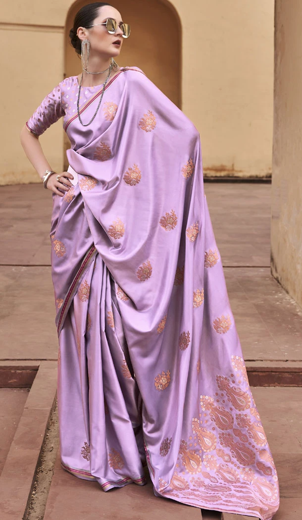 Pure Satin Zari Weaving Work Indian Saree Blouse In Lavender - 8520182880