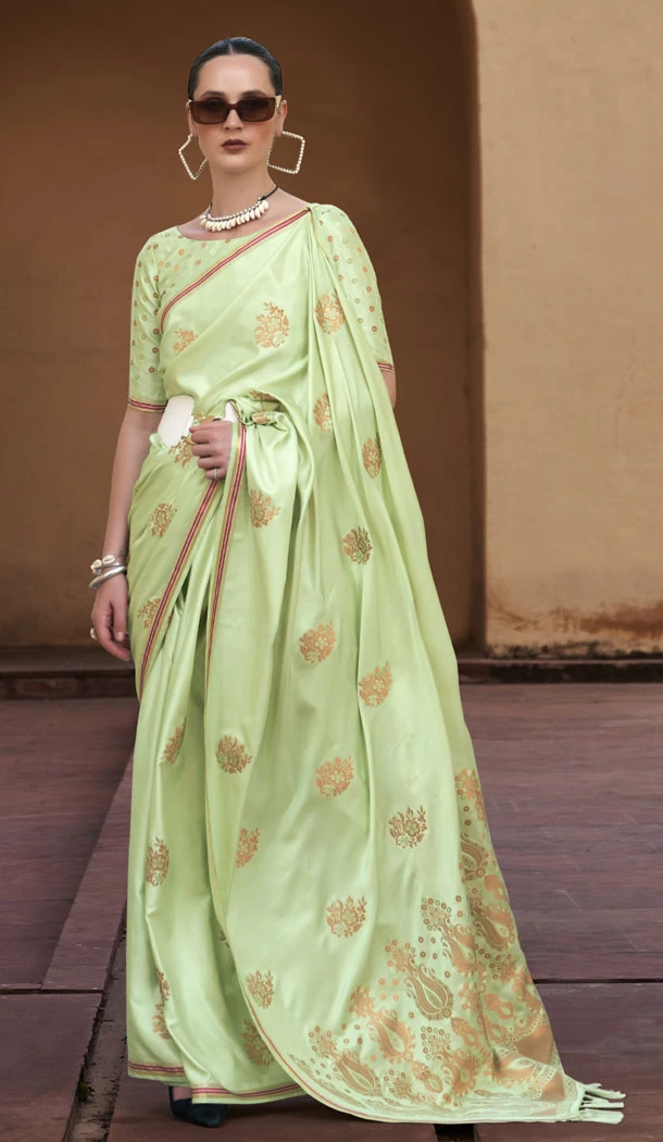 Pure Satin Zari Weaving Work Indian Saree Blouse In Pista Green - 8520182881
