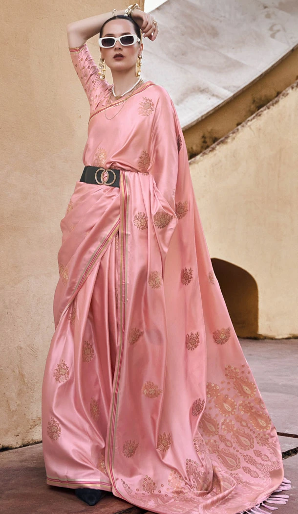 Pure Satin Zari Weaving Work Indian Saree Blouse In Pink - 8520182882