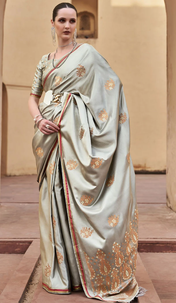 Pure Satin Zari Weaving Work Indian Saree Blouse In Grey - 8520182883