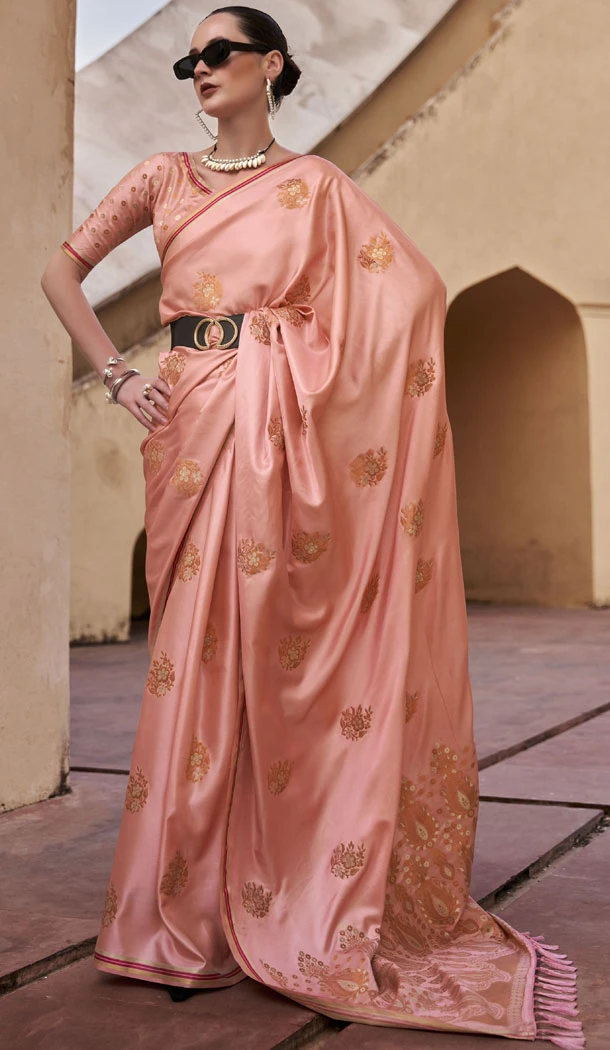 Pure Satin Zari Weaving Work Indian Saree Blouse In Peach - 8520182884