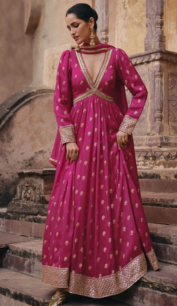 Rani Pink Viscose Silk Embroidery Work Anarkali Salwar Kameez - 8521182885