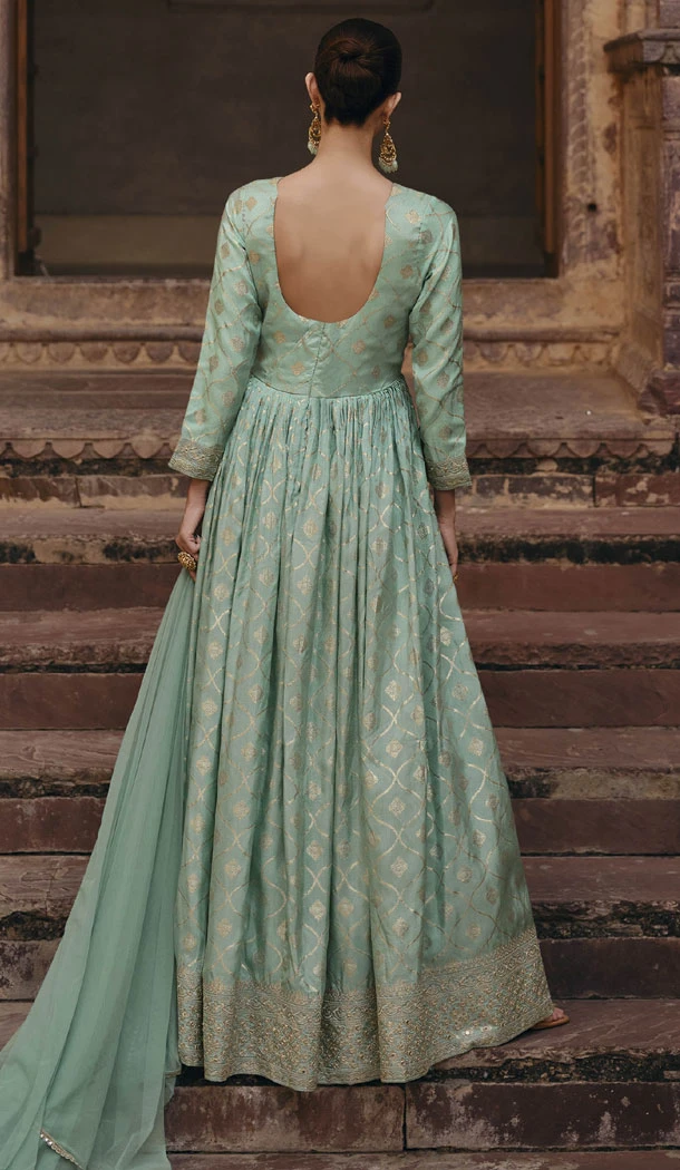 Mint Green Viscose Silk Embroidery Work Anarkali Salwar Kameez - 8521182886