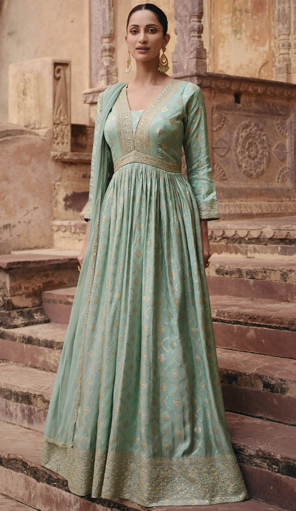 Mint Green Viscose Silk Embroidery Work Anarkali Salwar Kameez - 8521182886