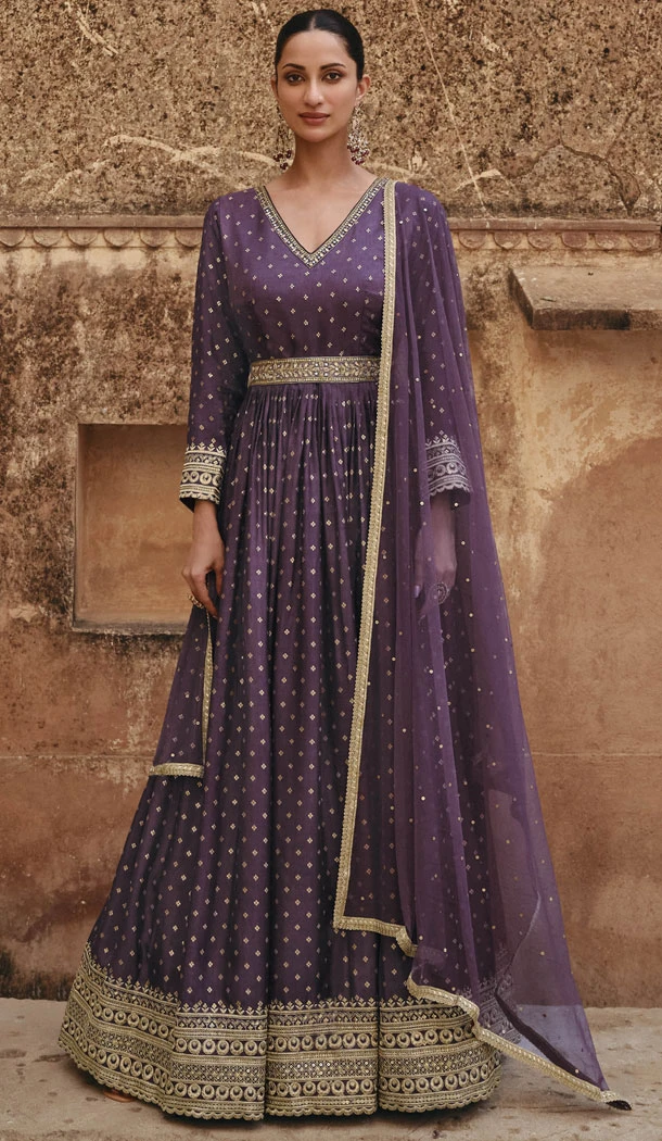 Purple Viscose Silk Embroidery Work Anarkali Salwar Kameez - 8521182887