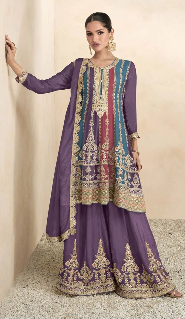 Purple Real Chinon Embroidery Work Readymade Palazzo Salwar Suit - 8522182889
