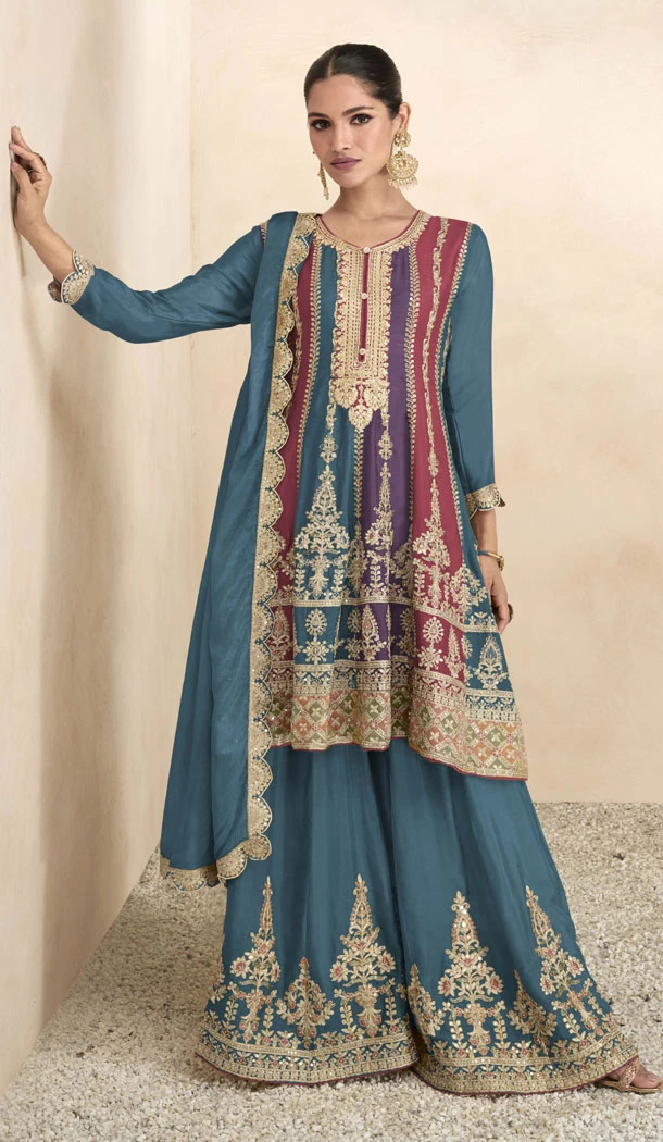 Teal Blue Real Chinon Embroidery Work Readymade Palazzo Salwar Suit - 8522182890