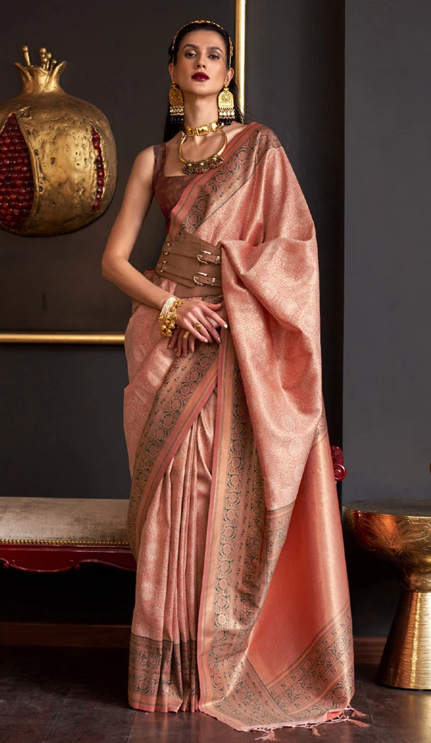 Peach Color Handloom Silk Weaving Work Traditional Indian Saree - 8533182925