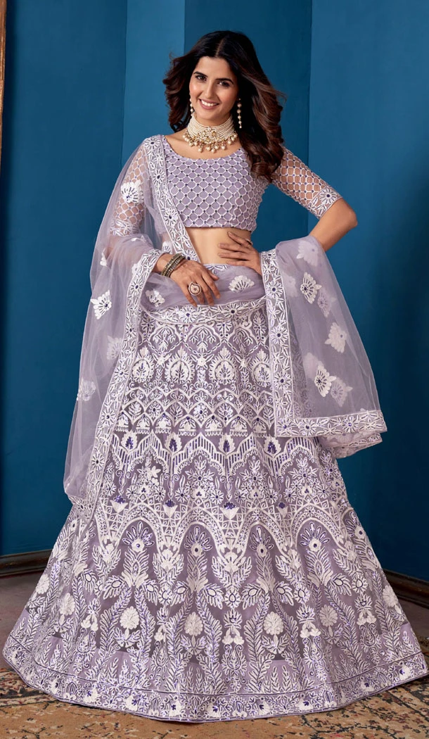 Net Lavender Color Embroidery Work Indian Lehenga Choli -8535182937