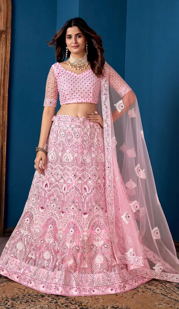 Net Pink Color Embroidery Work Indian Lehenga Choli -8535182938