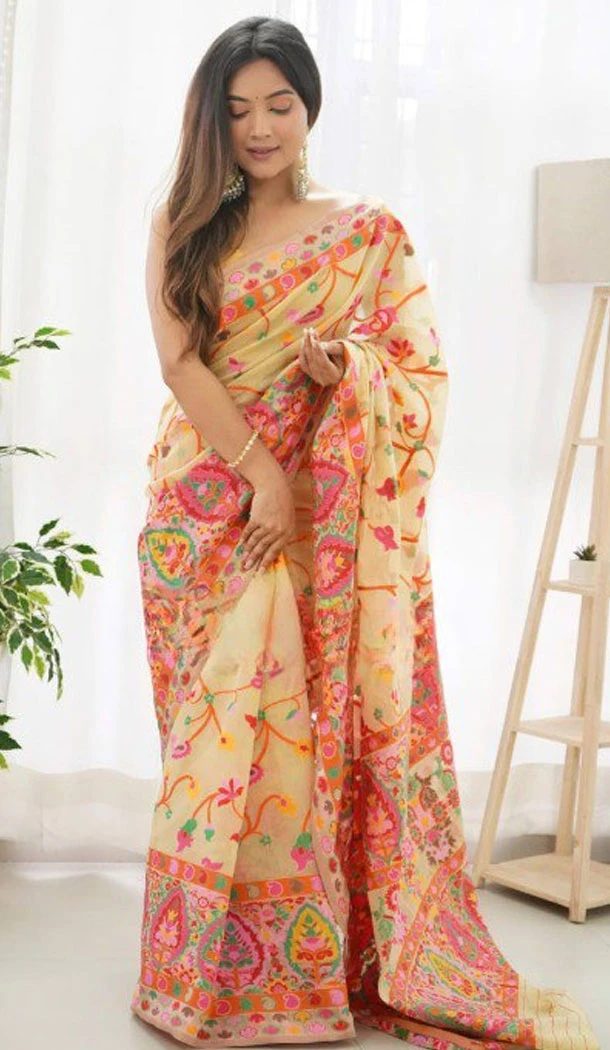 Gold Color Soft Silk Weaving Work Indian Saree - 8537182951
