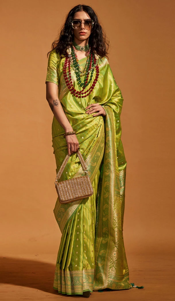 Zari Weaving Work Satin Silk Indian Saree Blouse In Green - 8545182977 Zari Weaving Work Satin Silk Indian Saree Blouse In Green - 8545182977