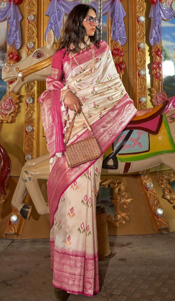 Handloom Silk Weaving Work Cream Color Indian Saree Blouse - 8546182984