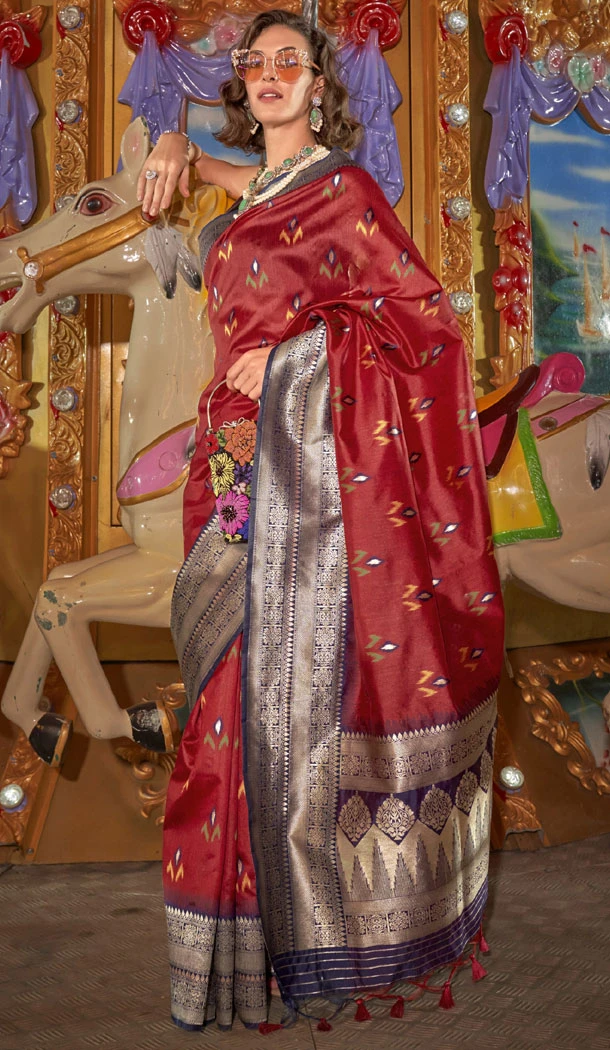 Handloom Silk Weaving Work Maroon Color Indian Saree Blouse - 8546182985