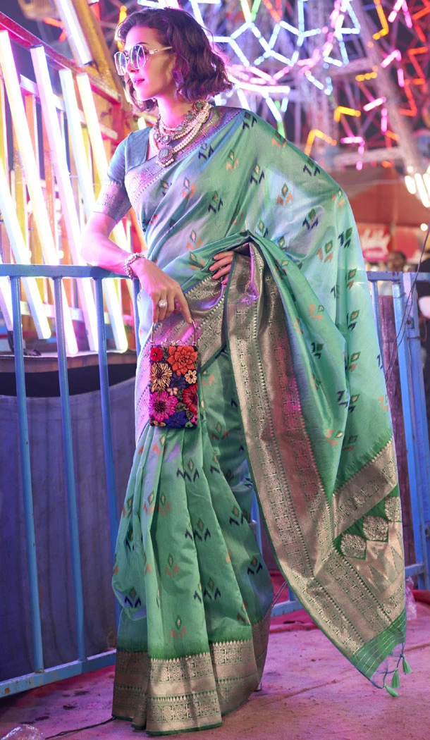 Handloom Silk Weaving Work Mint Green Color Indian Saree Blouse - 8546182988