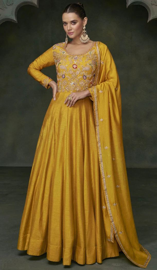 Premium Silk Embroidery Work Mustard Anarkali Gown Dresses - 8556183031