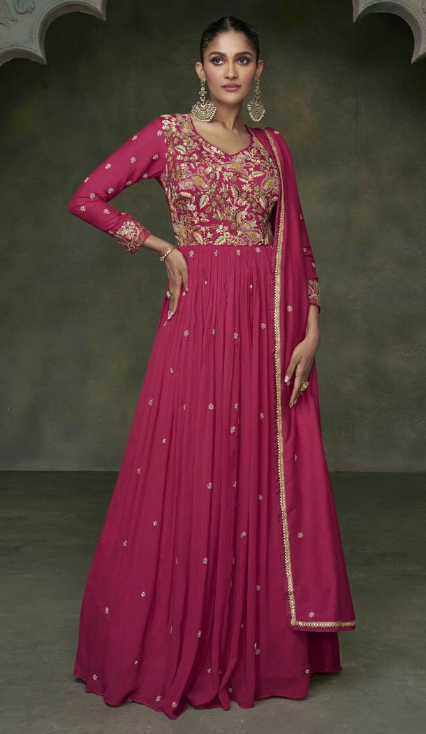 Premium Silk Embroidery Work Rani Pink Anarkali Gown Dresses - 8556183032