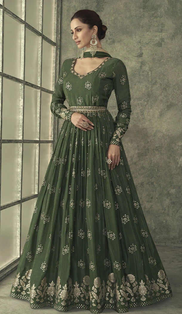 Mehendi Green Foil Print Work Viscose Silk Anarkali Gown Dress - 8557183033