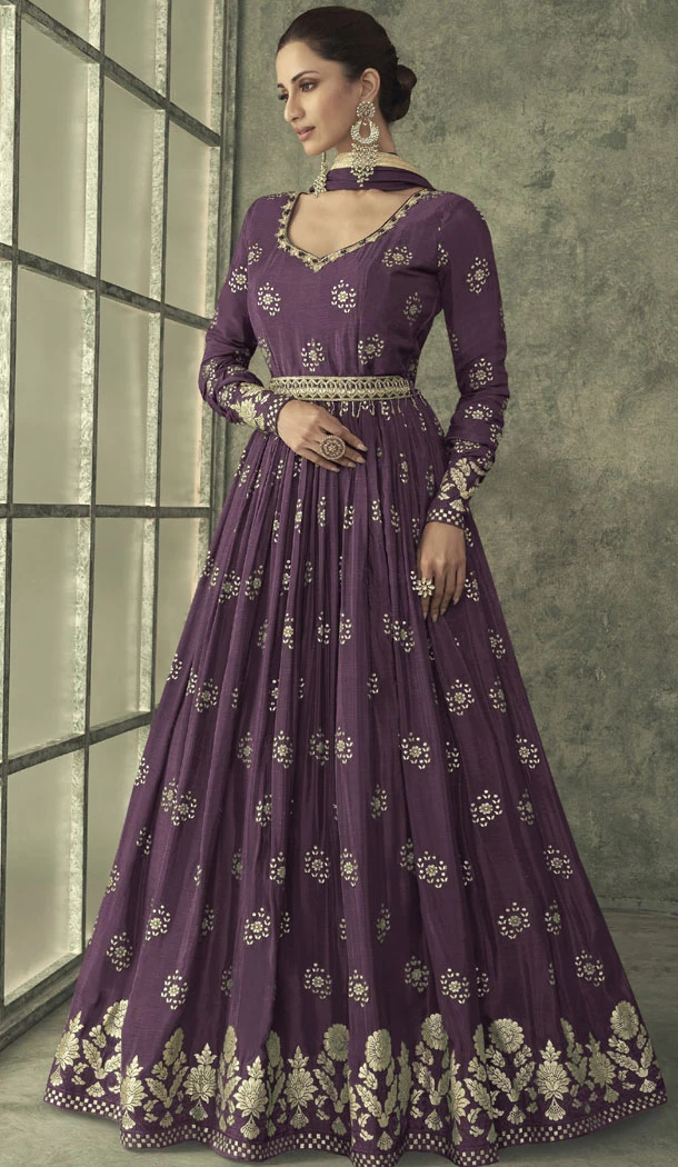 Purple Foil Print Work Viscose Silk Anarkali Gown Dress - 8557183034