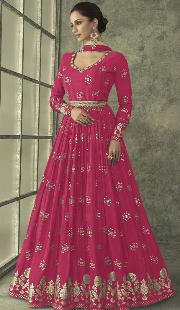 Pink Foil Print Work Viscose Silk Anarkali Gown Dress - 8557183035