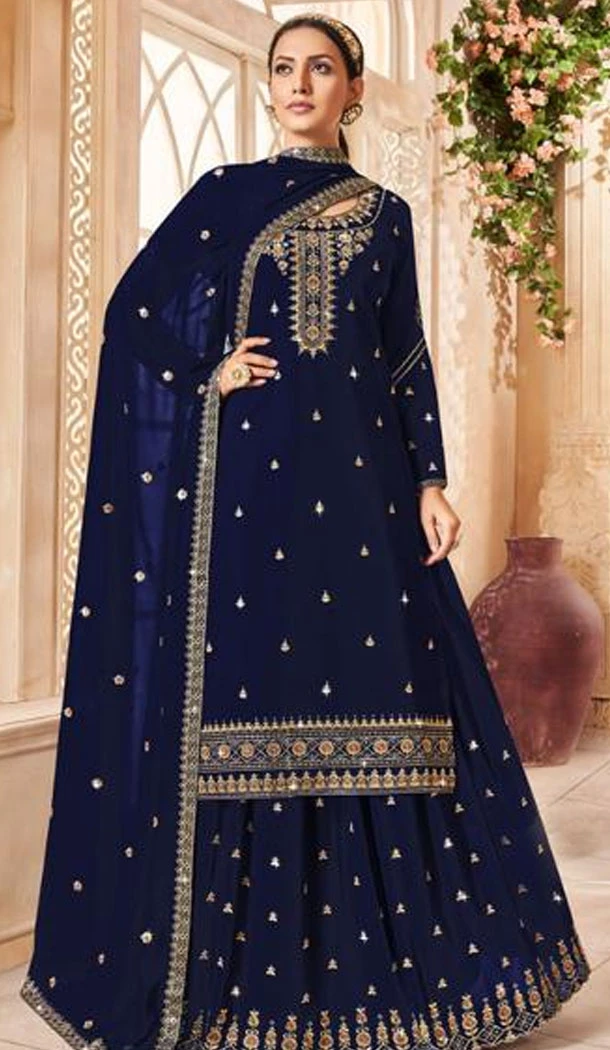Georgette Embroidery Work Navy Blue Color Lehenga Suit - 8558183036