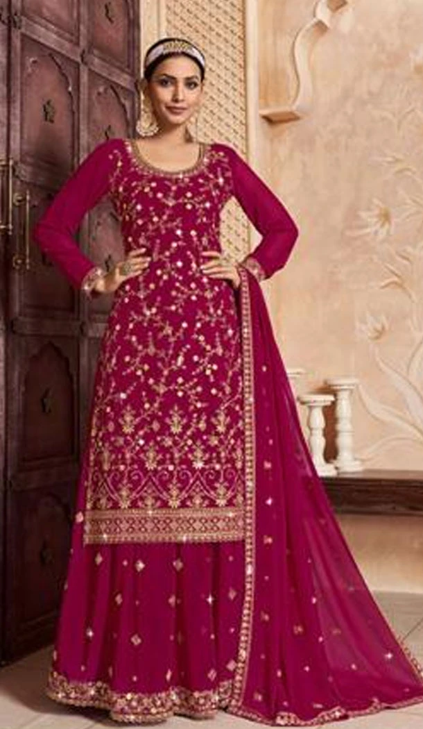 Georgette Embroidery Work Rani Pink Color Lehenga Suit - 8558183037