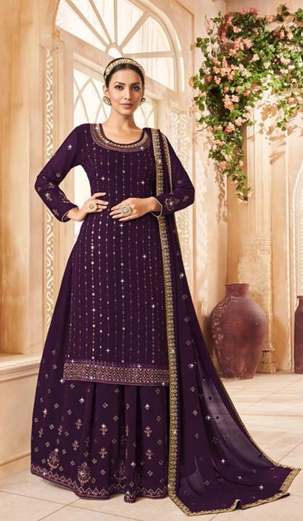 Georgette Embroidery Work Purple Color Lehenga Suit - 8558183039