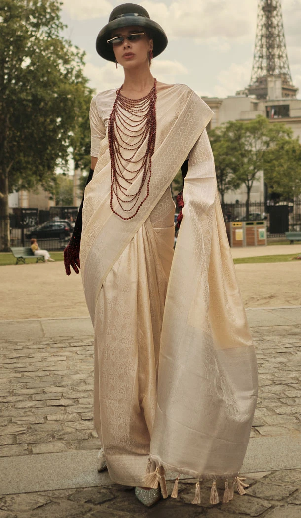 Cream Satin Silk Zari Woven Work Indian Wear Saree - 8559183040