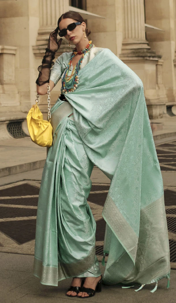 Mint Green Satin Silk Zari Woven Work Indian Wear Saree - 8559183041 Mint Green Satin Silk Zari Woven Work Indian Wear Saree - 8559183041