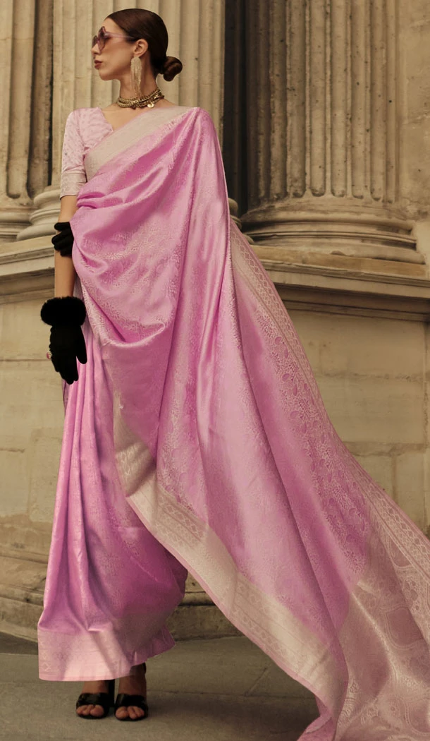 Pink Satin Silk Zari Woven Work Indian Wear Saree - 8559183042
