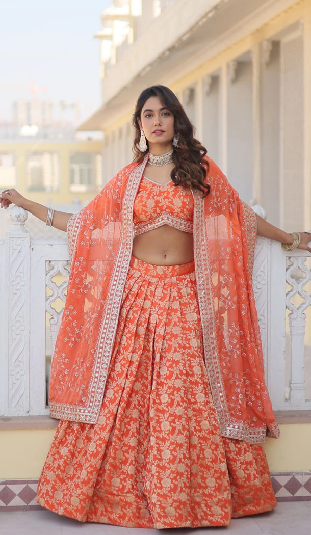 Party Wear Woven Work Pure Viscose Orange Lehenga Choli - 8572183097