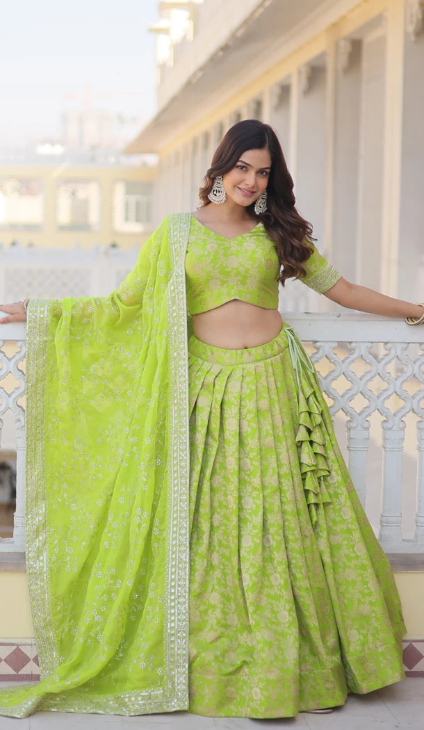 Party Wear Woven Work Pure Viscose Pista Green Lehenga Choli - 8572183098