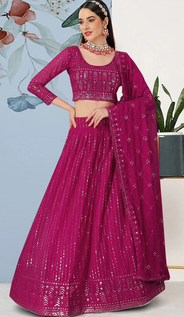 Wine Faux Georgette Sequins Work Women Lehenga Choli - 8580183125