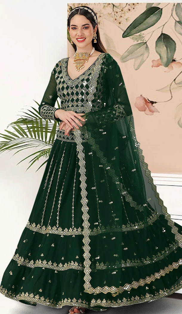 Faux Georgette Sequins Work Women Lehenga Choli In Green - 8580183127